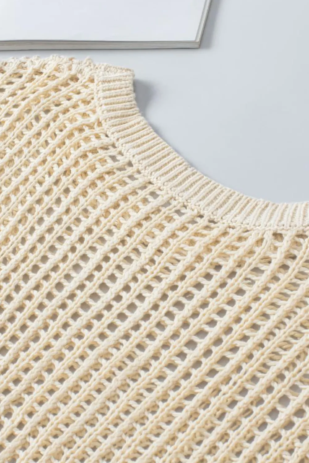 Sale Dear-Lover Fishnet Knit Ribbed Round Neck Short Sleeve Sweater Tee Apricot