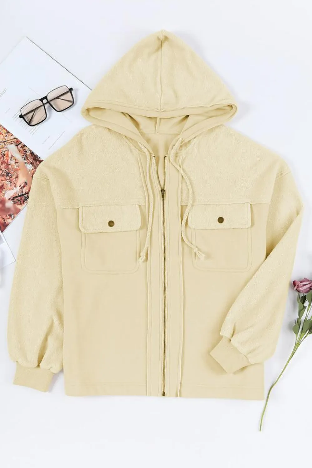 Outlet Dear-Lover Flap Pocket Drawstring Hood Zip Up Jacket Apricot