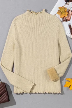 Outlet Dear-Lover Fleece Lined Lettuces Edge High Neck Ribbed Slim Fit Sweater Apricot