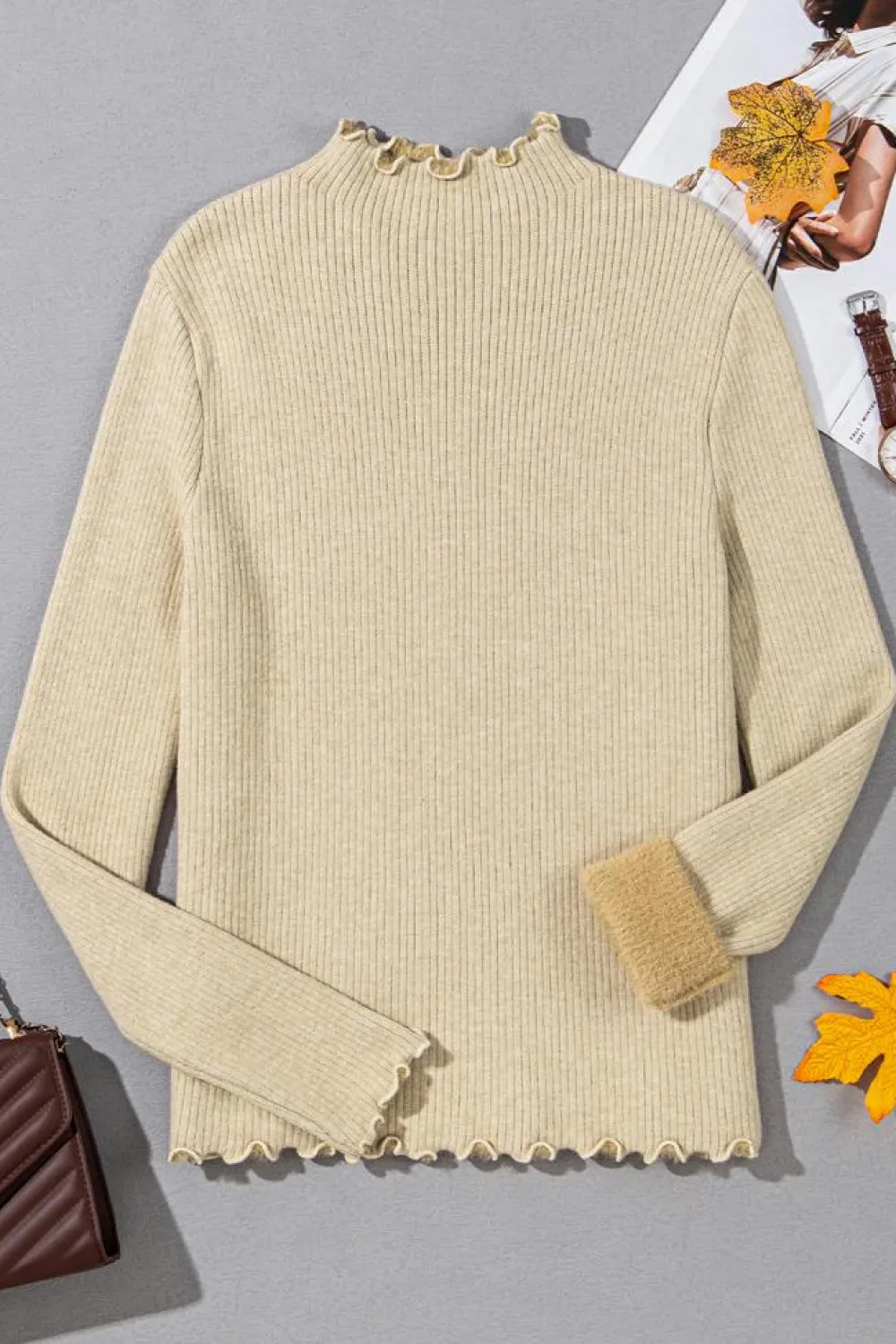 Outlet Dear-Lover Fleece Lined Lettuces Edge High Neck Ribbed Slim Fit Sweater Apricot