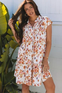 Online Dear-Lover Floral Geometric Print Ruffled Trim Flutter Sleeve Mini Dress Apricot