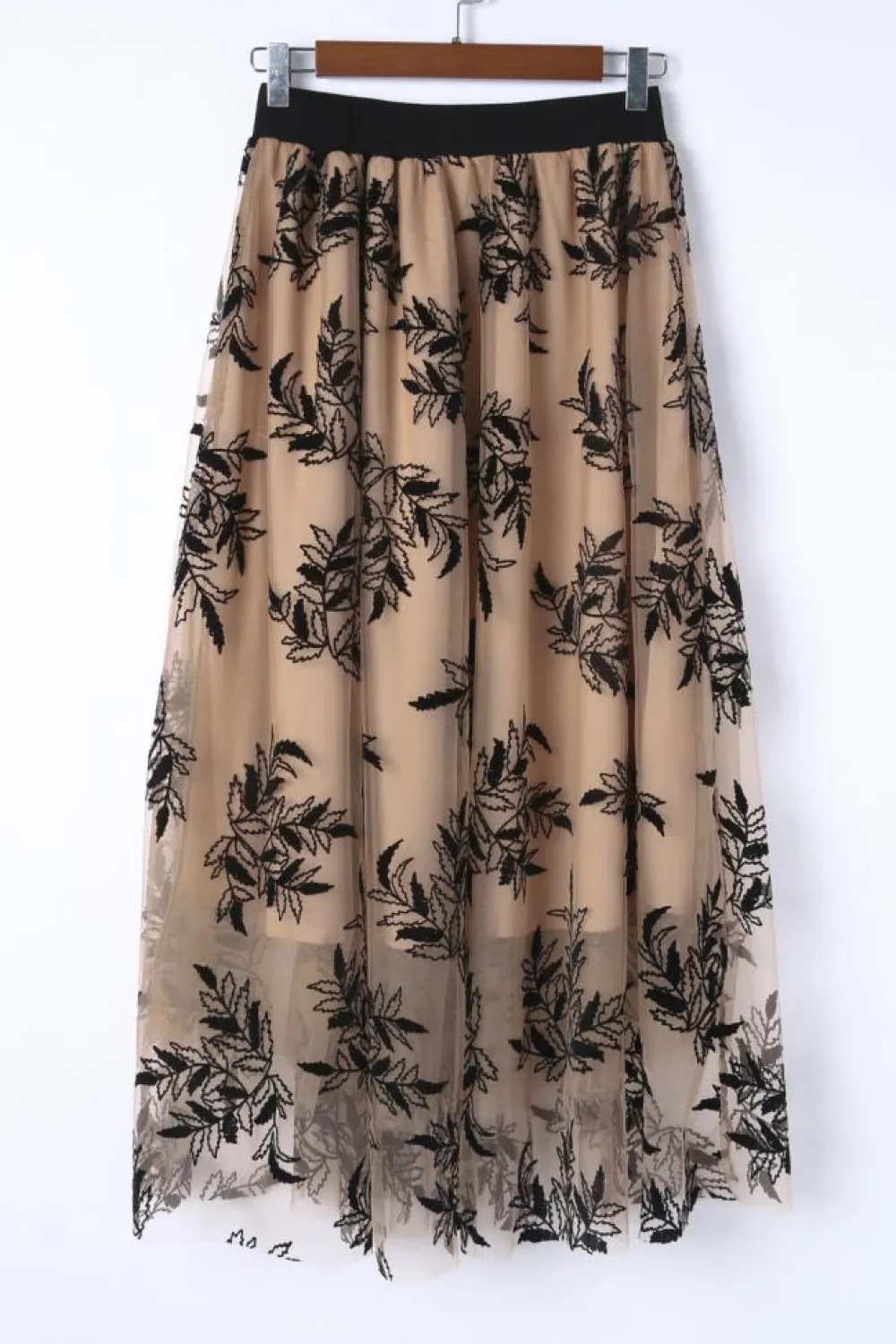 Hot Dear-Lover Floral Leaves Embroidered High Waist Maxi Skirt Apricot
