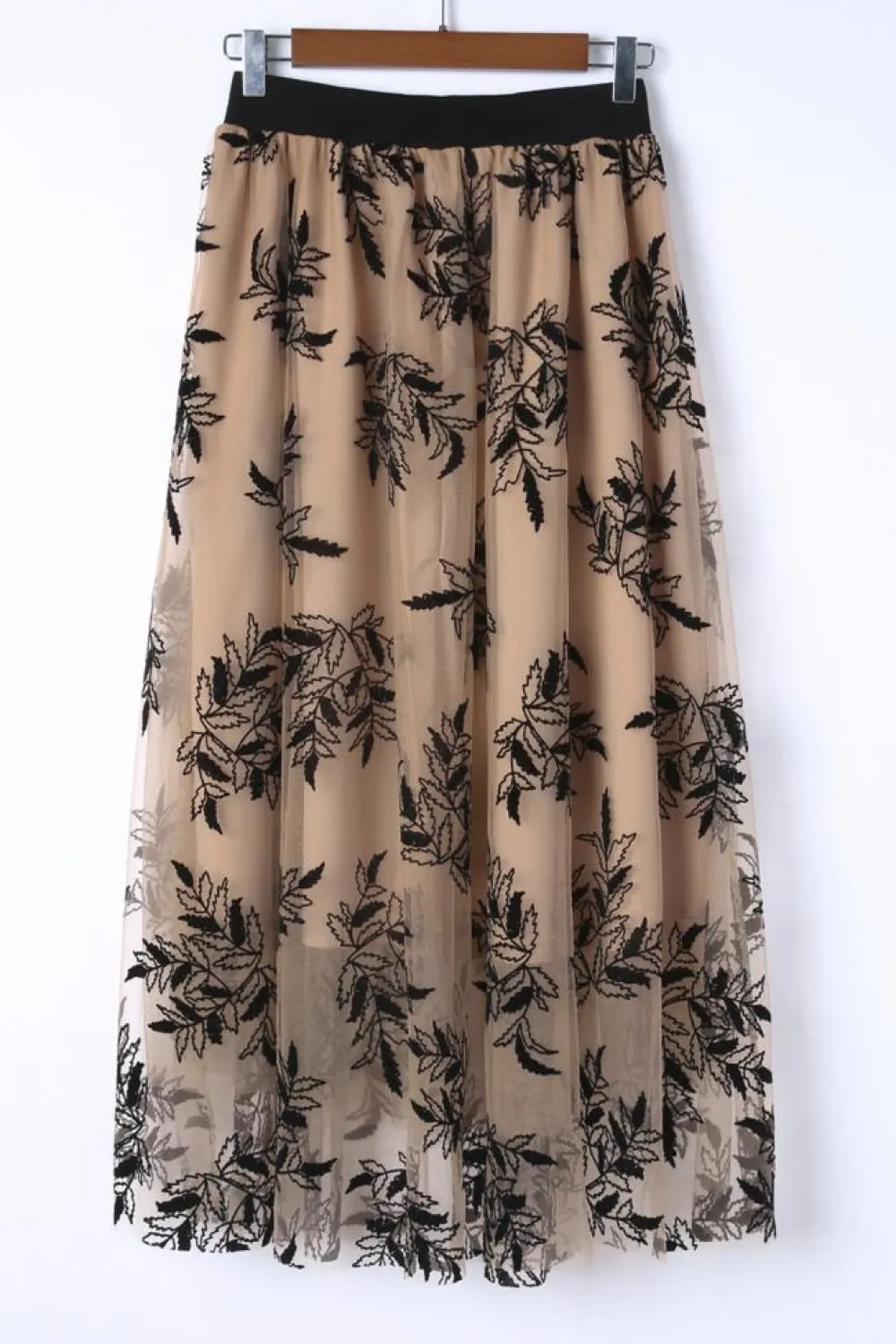 Hot Dear-Lover Floral Leaves Embroidered High Waist Maxi Skirt Apricot