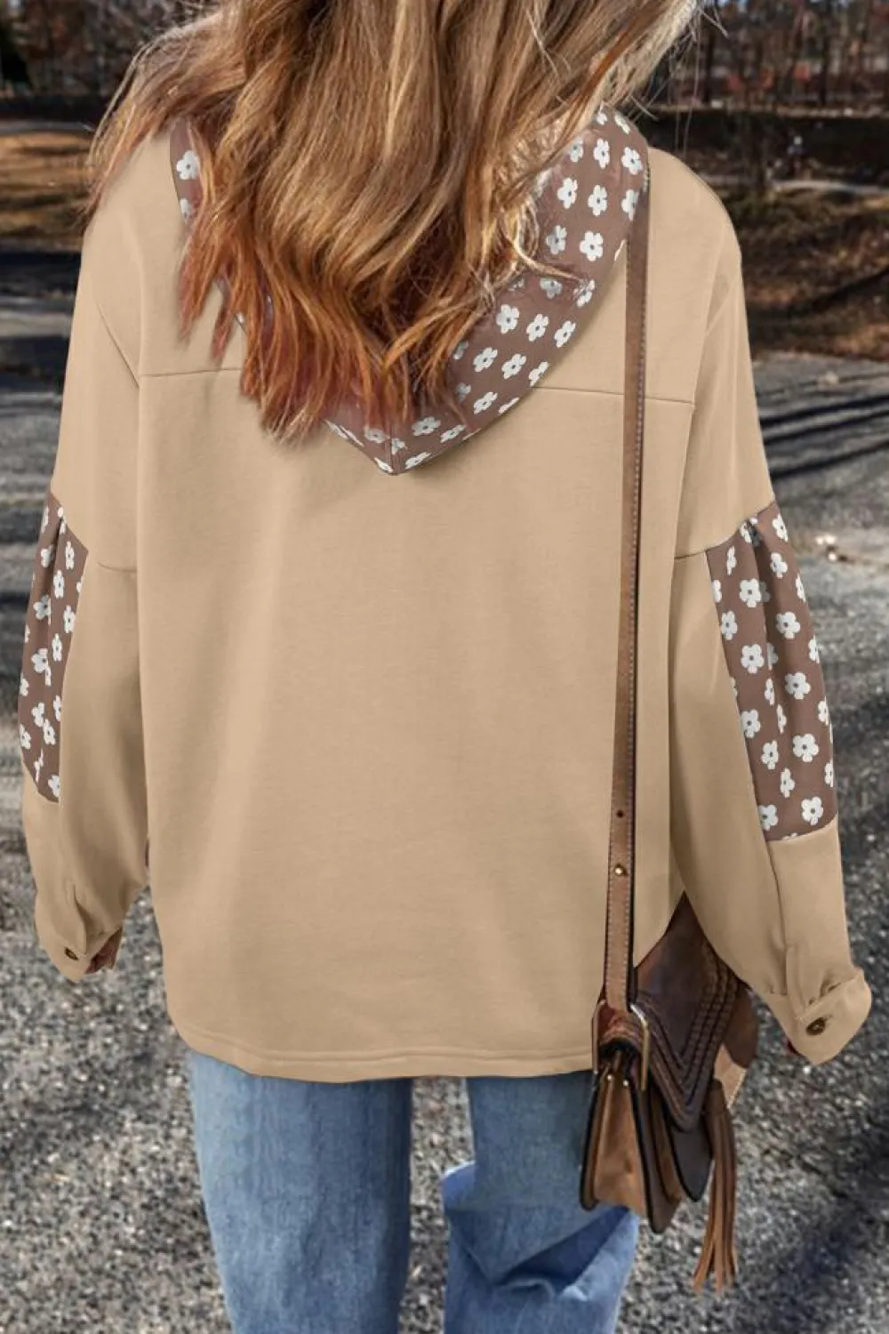 Online Dear-Lover Floral Patchwork Star Pattern Drawstring Hoodie Apricot