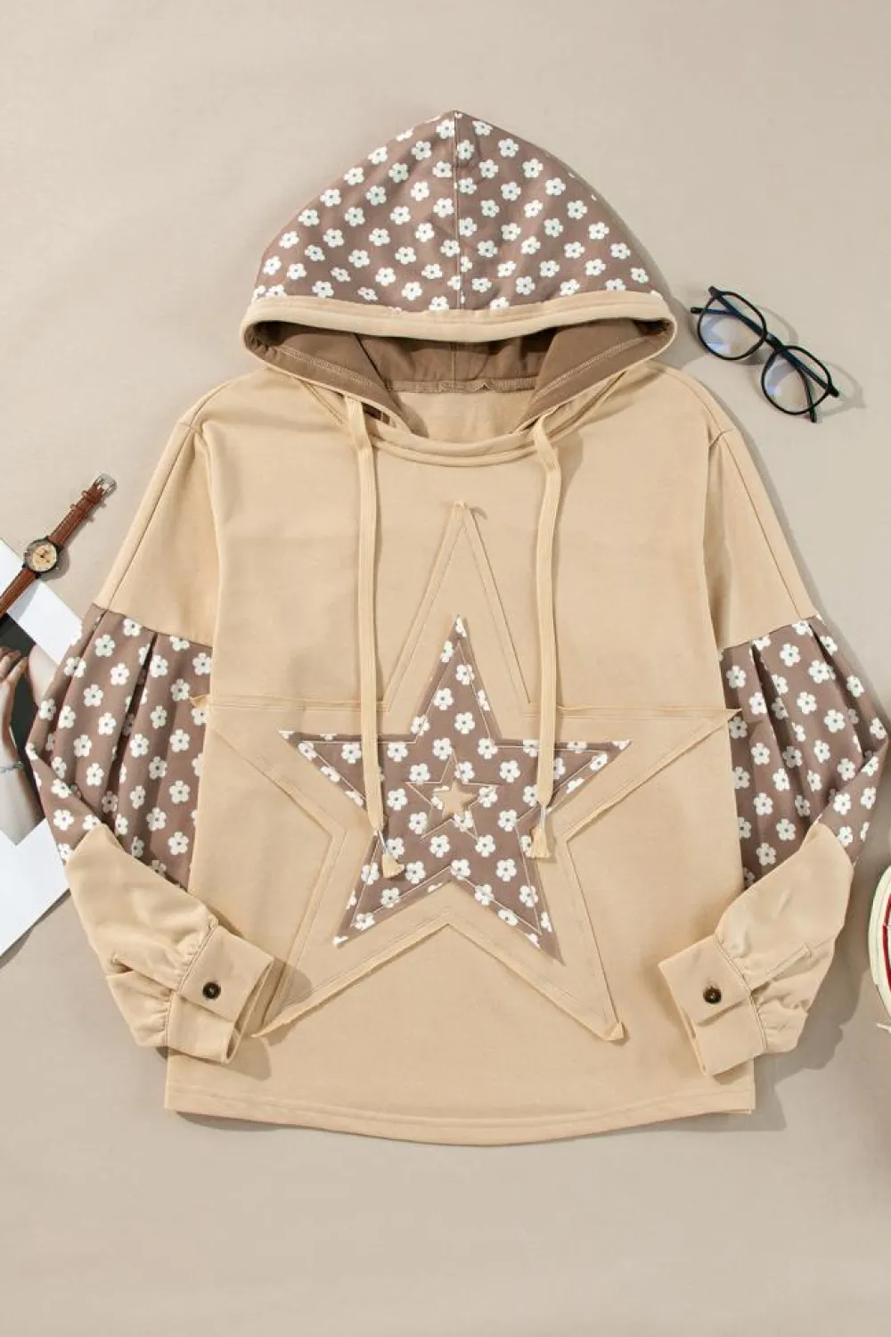 Online Dear-Lover Floral Patchwork Star Pattern Drawstring Hoodie Apricot