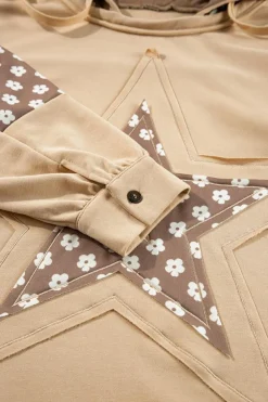 Online Dear-Lover Floral Patchwork Star Pattern Drawstring Hoodie Apricot