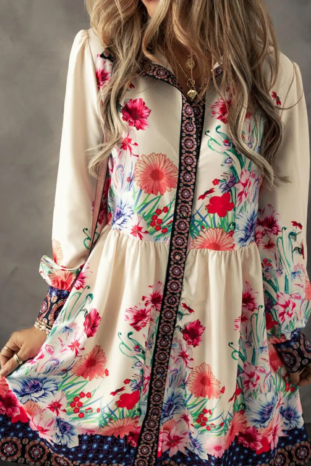 Hot Dear-Lover Floral Print Buttoned High Waist Shirt Mini Dress Apricot