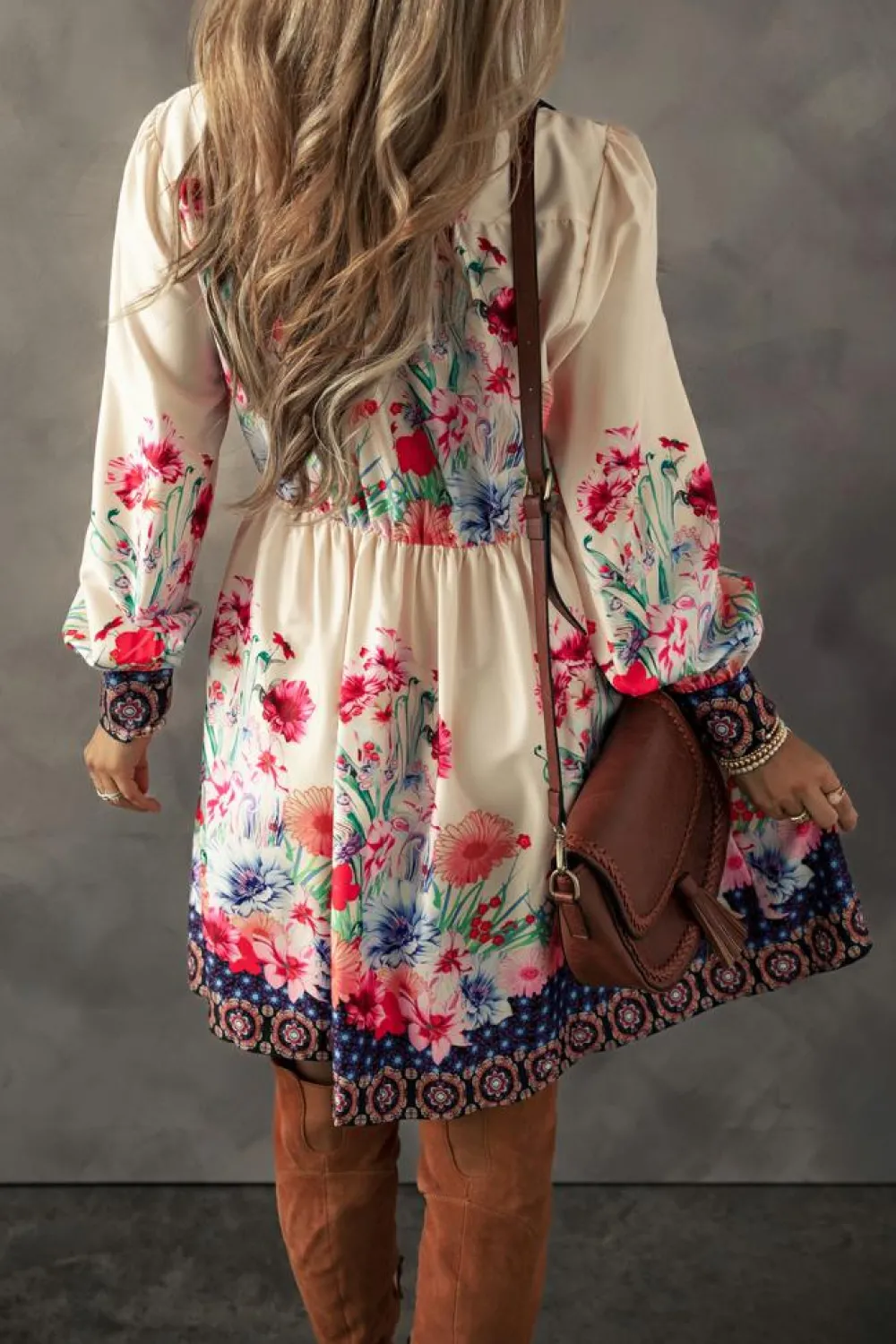 Hot Dear-Lover Floral Print Buttoned High Waist Shirt Mini Dress Apricot