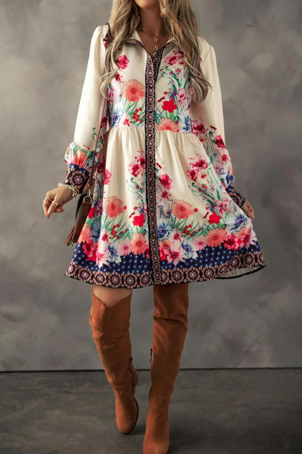Hot Dear-Lover Floral Print Buttoned High Waist Shirt Mini Dress Apricot