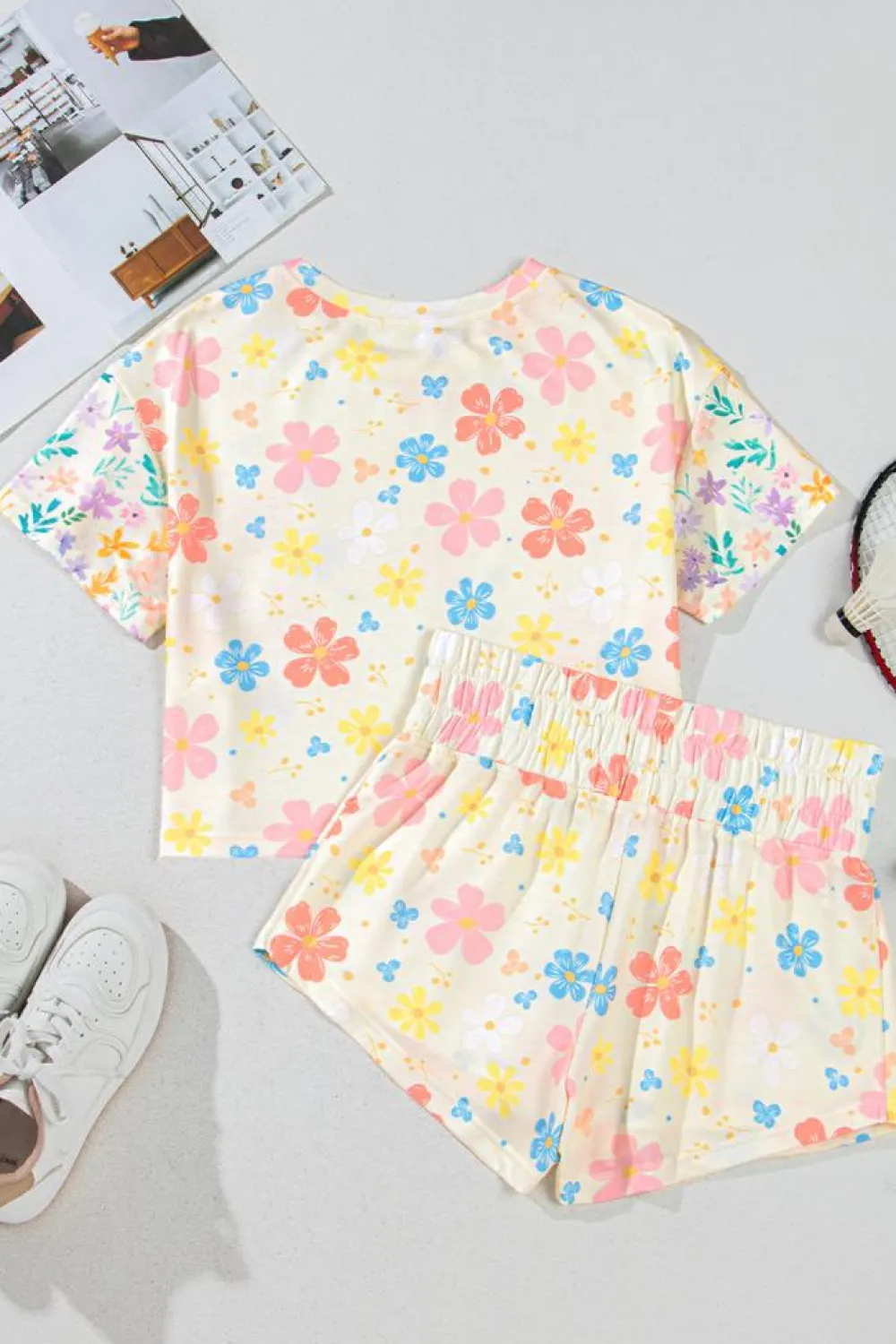 Sale Dear-Lover Floral Print Crop Top Wide Leg Short Set Apricot