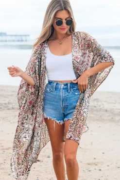 Best Dear-Lover Floral Print Short Wide Sleeve Open Front Loose Kimono Apricot
