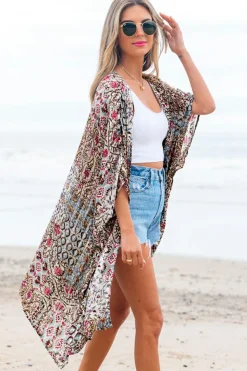 Best Dear-Lover Floral Print Short Wide Sleeve Open Front Loose Kimono Apricot