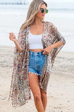 Best Dear-Lover Floral Print Short Wide Sleeve Open Front Loose Kimono Apricot