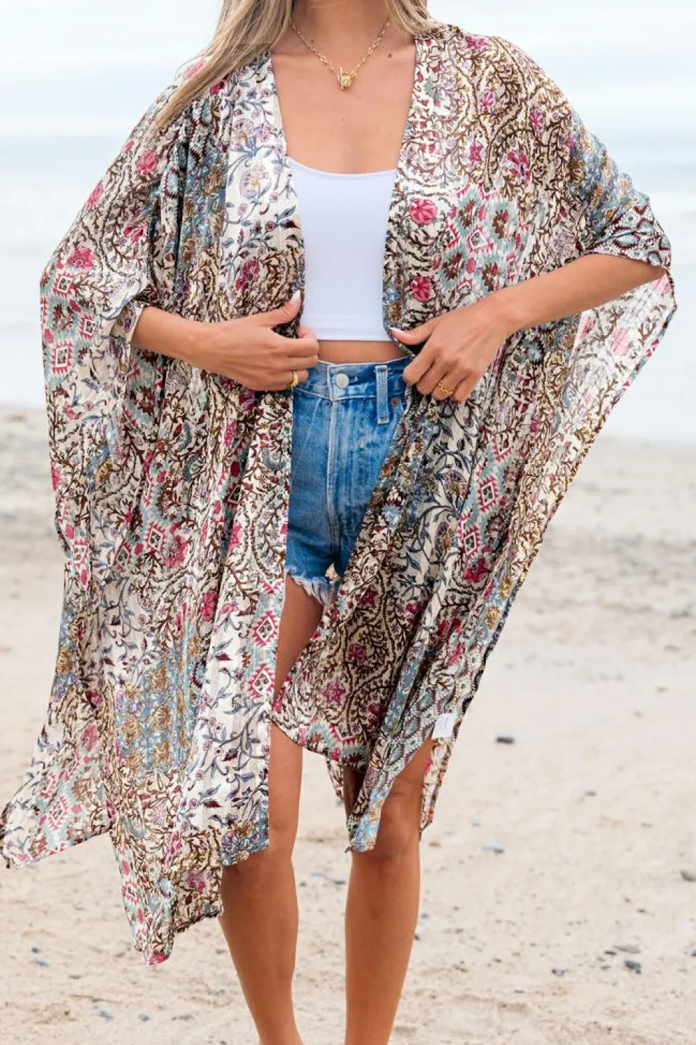 Best Dear-Lover Floral Print Short Wide Sleeve Open Front Loose Kimono Apricot