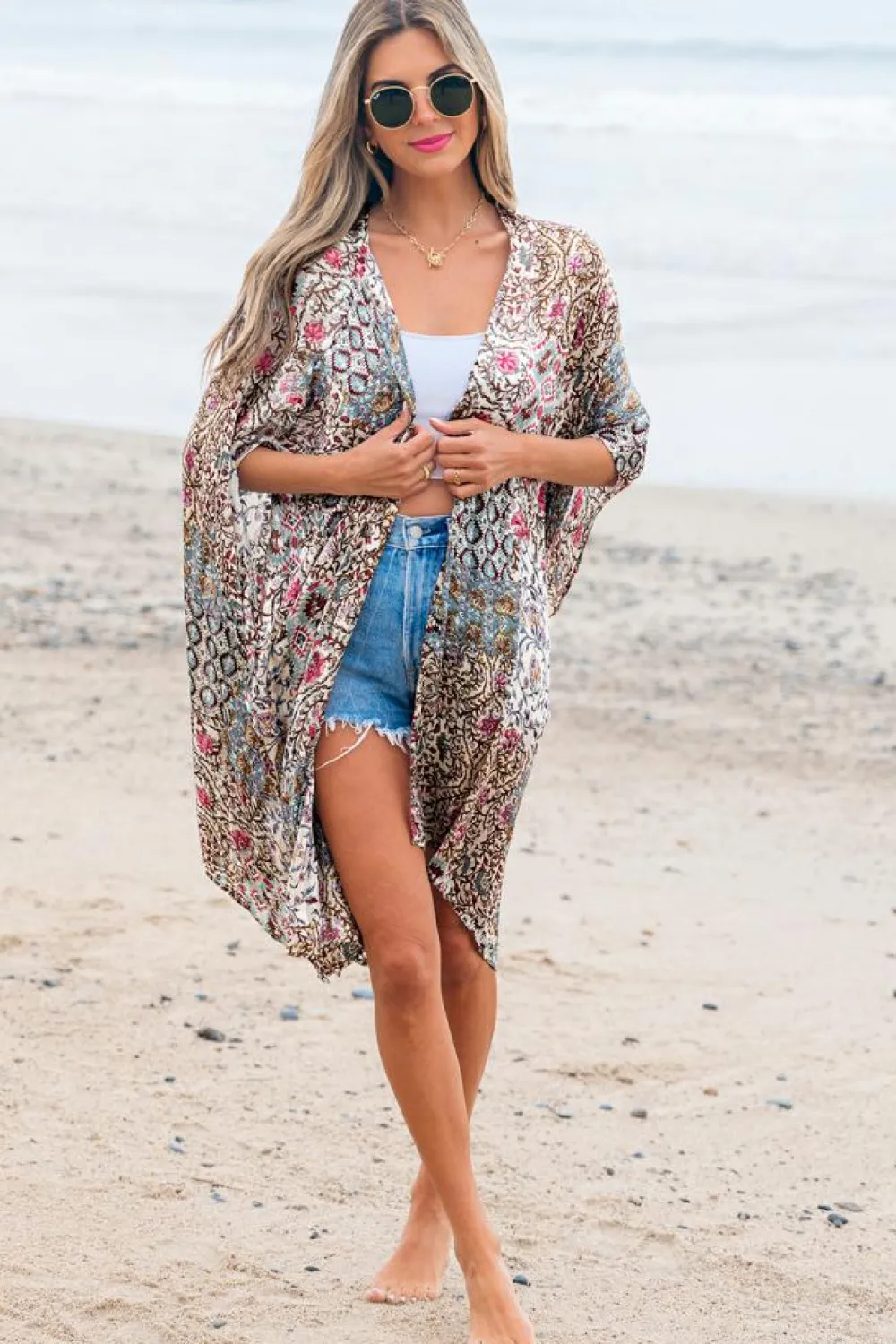 Best Dear-Lover Floral Print Short Wide Sleeve Open Front Loose Kimono Apricot