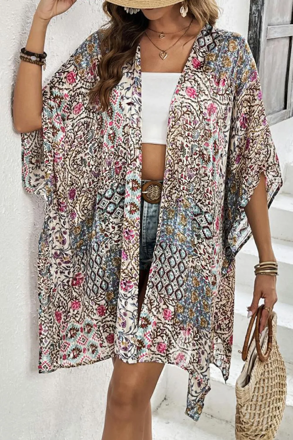 Best Dear-Lover Floral Print Short Wide Sleeve Open Front Loose Kimono Apricot