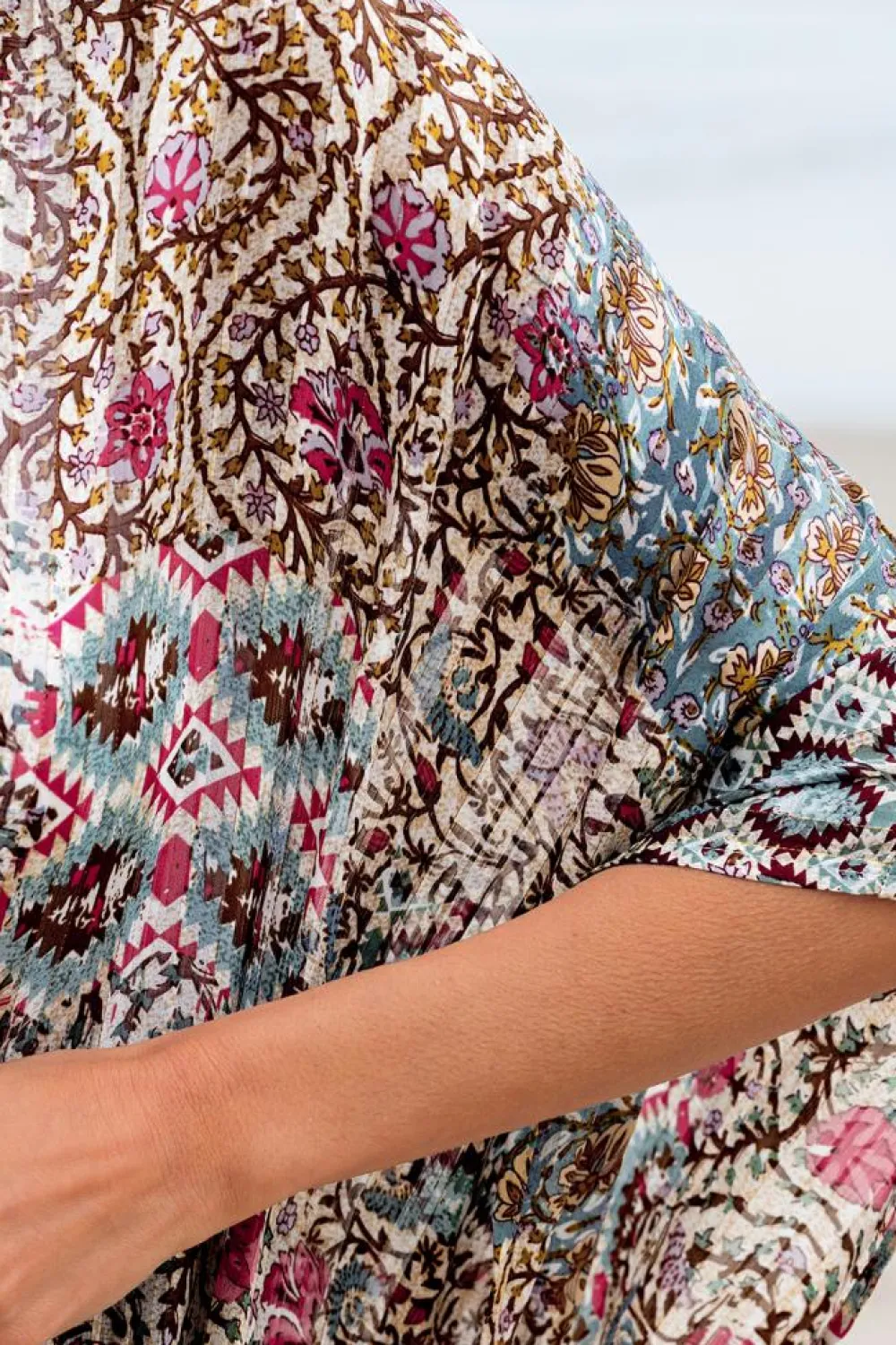 Best Dear-Lover Floral Print Short Wide Sleeve Open Front Loose Kimono Apricot