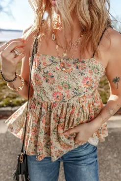 Outlet Dear-Lover Floral Print Spaghetti Straps Ruffled Peplum Tank Top Apricot