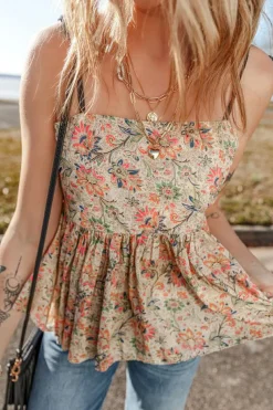 Outlet Dear-Lover Floral Print Spaghetti Straps Ruffled Peplum Tank Top Apricot