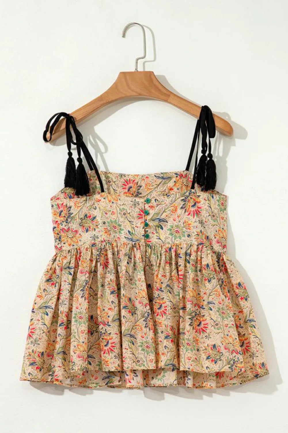 Outlet Dear-Lover Floral Print Spaghetti Straps Ruffled Peplum Tank Top Apricot