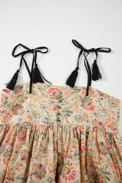 Outlet Dear-Lover Floral Print Spaghetti Straps Ruffled Peplum Tank Top Apricot