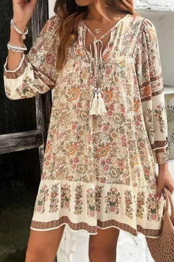 Discount Dear-Lover Floral Print Tassel Drawstring V Neck Loose Mini Dress Apricot