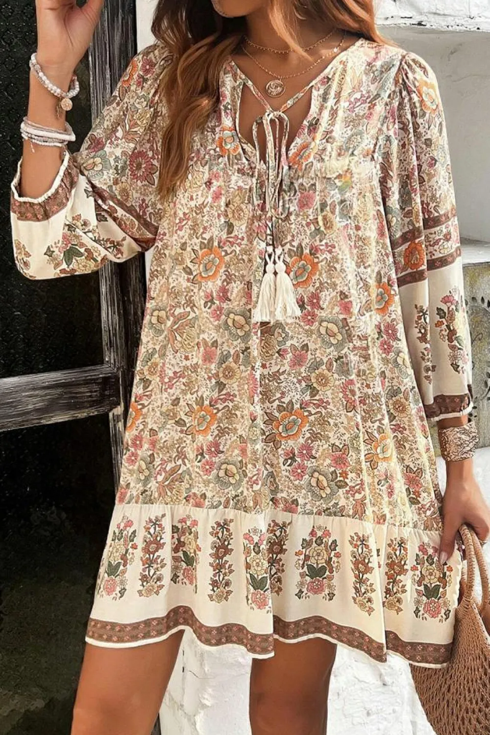Discount Dear-Lover Floral Print Tassel Drawstring V Neck Loose Mini Dress Apricot
