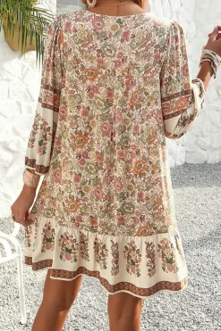 Discount Dear-Lover Floral Print Tassel Drawstring V Neck Loose Mini Dress Apricot