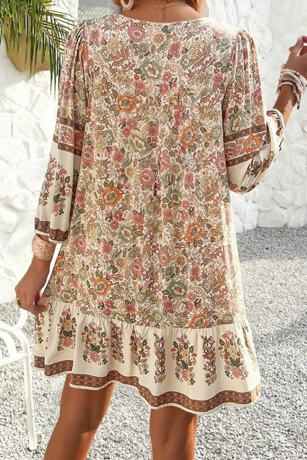 Discount Dear-Lover Floral Print Tassel Drawstring V Neck Loose Mini Dress Apricot