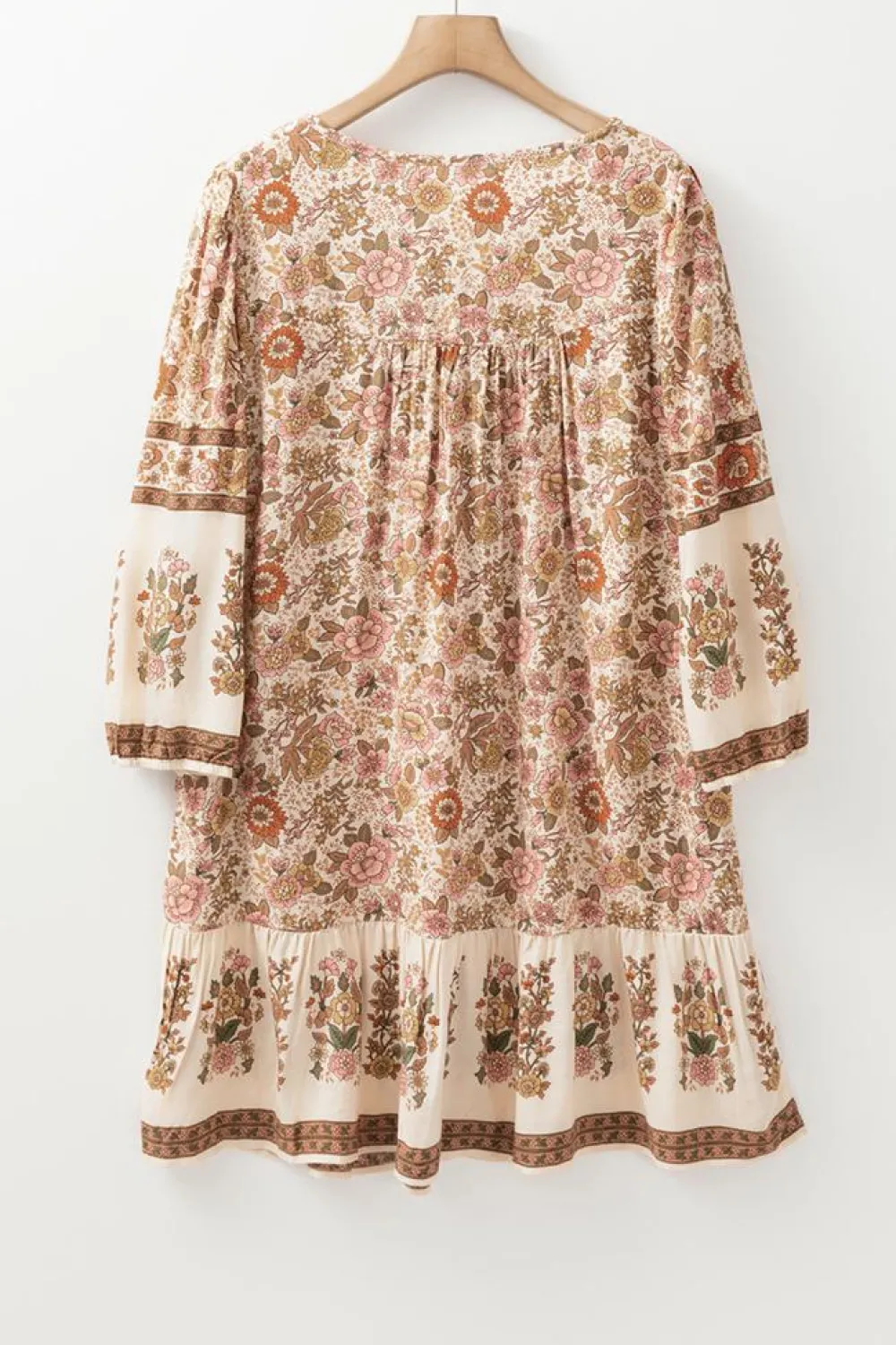 Discount Dear-Lover Floral Print Tassel Drawstring V Neck Loose Mini Dress Apricot