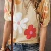 Best Dear-Lover Flower Print Bubble Sleeve Tee Apricot