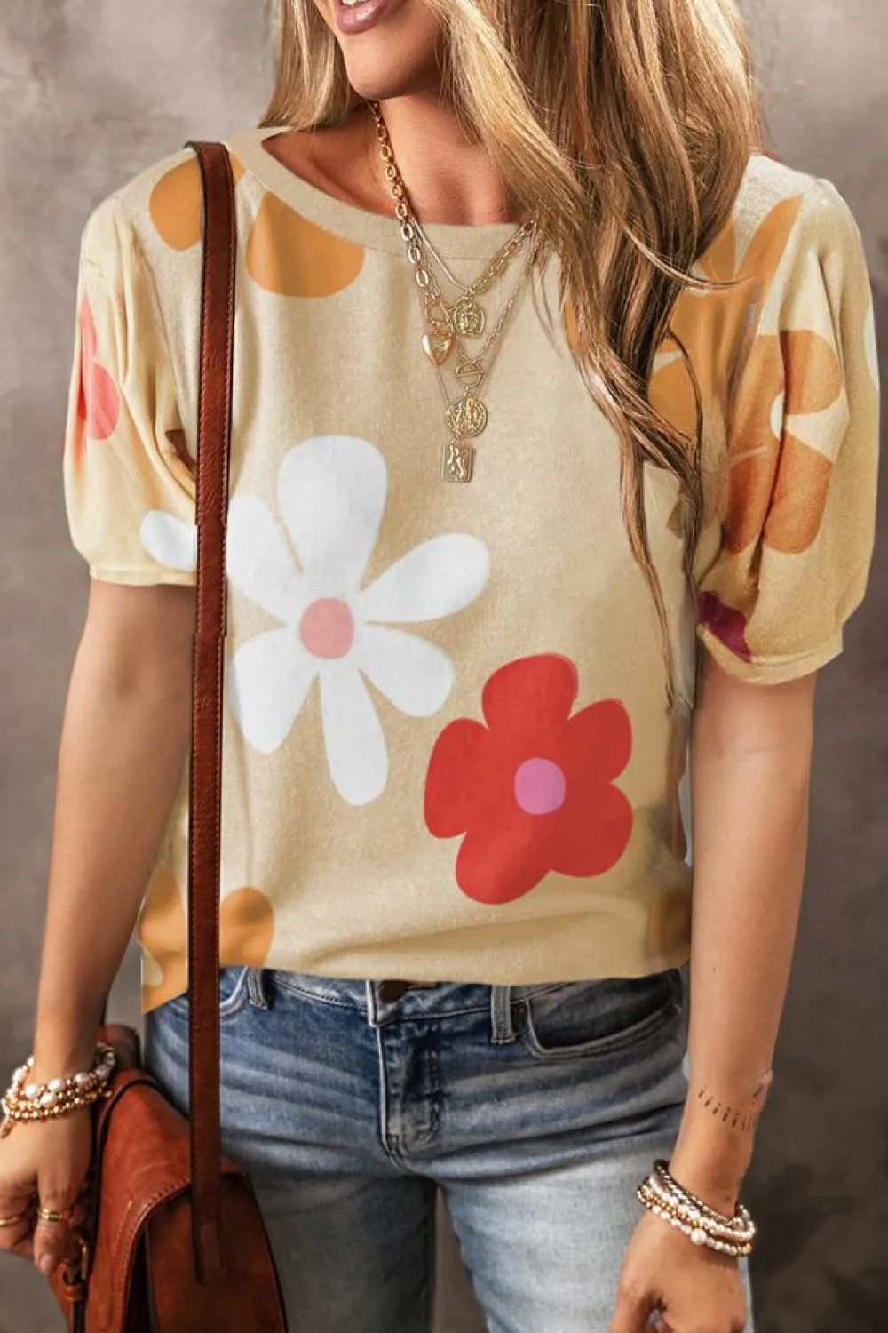 Best Dear-Lover Flower Print Bubble Sleeve Tee Apricot