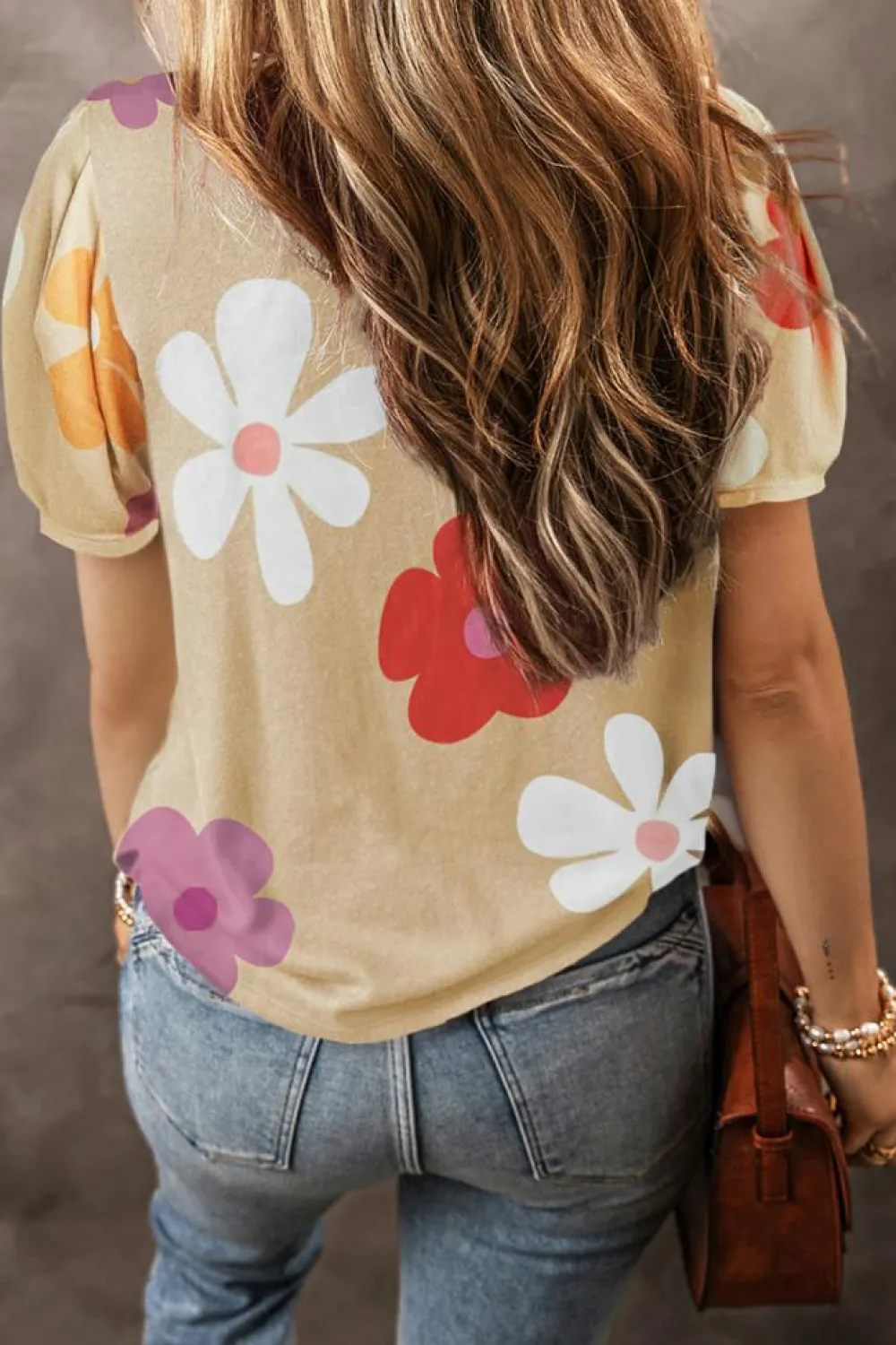 Best Dear-Lover Flower Print Bubble Sleeve Tee Apricot