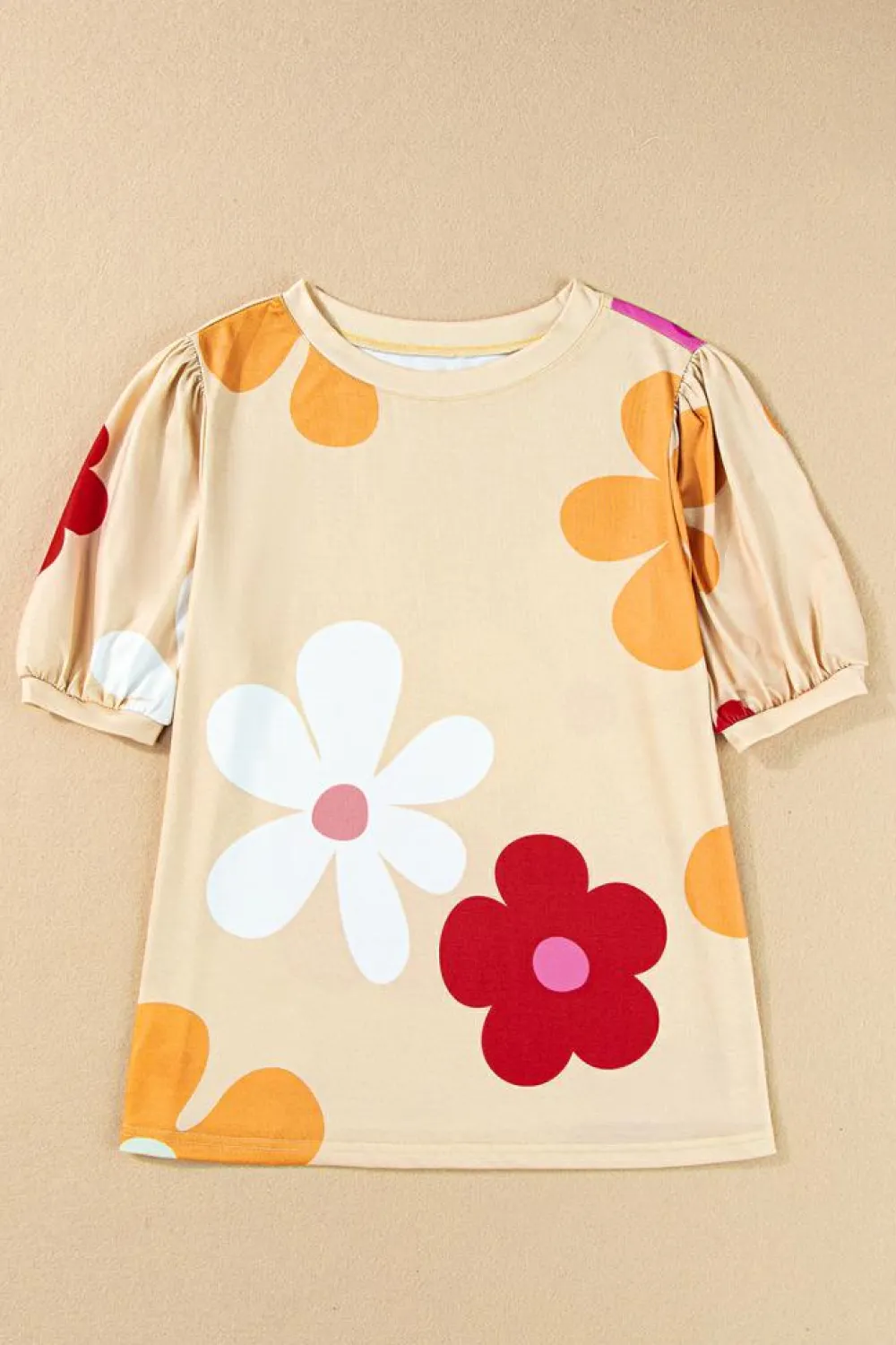 Best Dear-Lover Flower Print Bubble Sleeve Tee Apricot