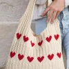 New Dear-Lover Heart Pattern Knit Large Shoulder Bag Apricot