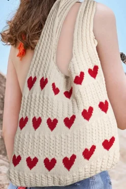 New Dear-Lover Heart Pattern Knit Large Shoulder Bag Apricot