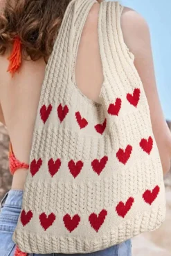 New Dear-Lover Heart Pattern Knit Large Shoulder Bag Apricot