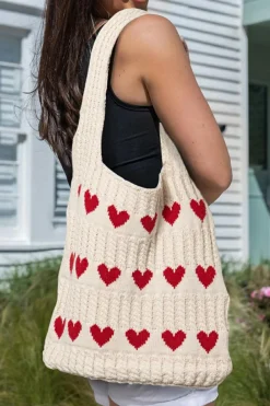 New Dear-Lover Heart Pattern Knit Large Shoulder Bag Apricot