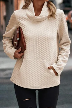 Fashion Dear-Lover High Neck Kangaroo Pocket Quilted Sweatshirt Apricot