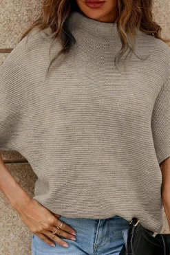 Fashion Dear-Lover High Neck Short Bat Sleeve Sweater Apricot