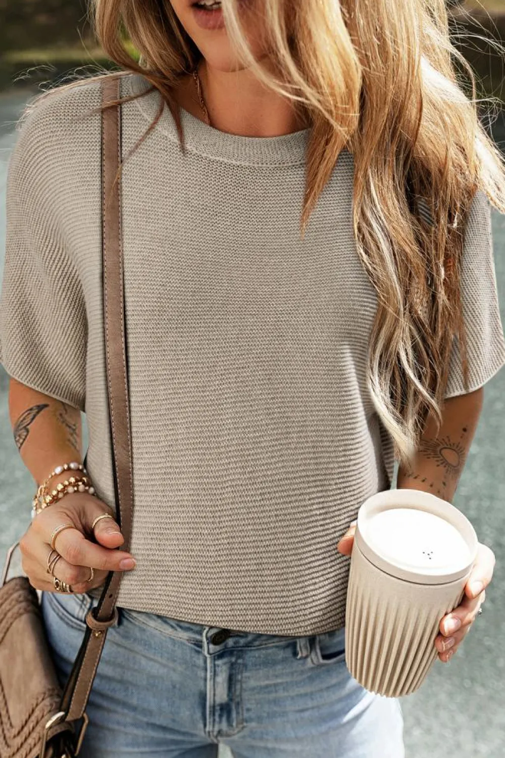 Fashion Dear-Lover High Neck Short Bat Sleeve Sweater Apricot