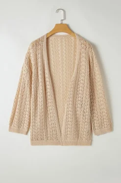 New Dear-Lover Hollow Out Knit Drop Shoulder Open Front Cardigan Apricot