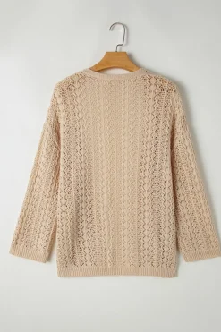 New Dear-Lover Hollow Out Knit Drop Shoulder Open Front Cardigan Apricot