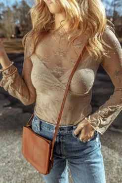 Online Dear-Lover Lace Mesh Crochet Splicing Slim Fit Long Sleeve Blouse Apricot