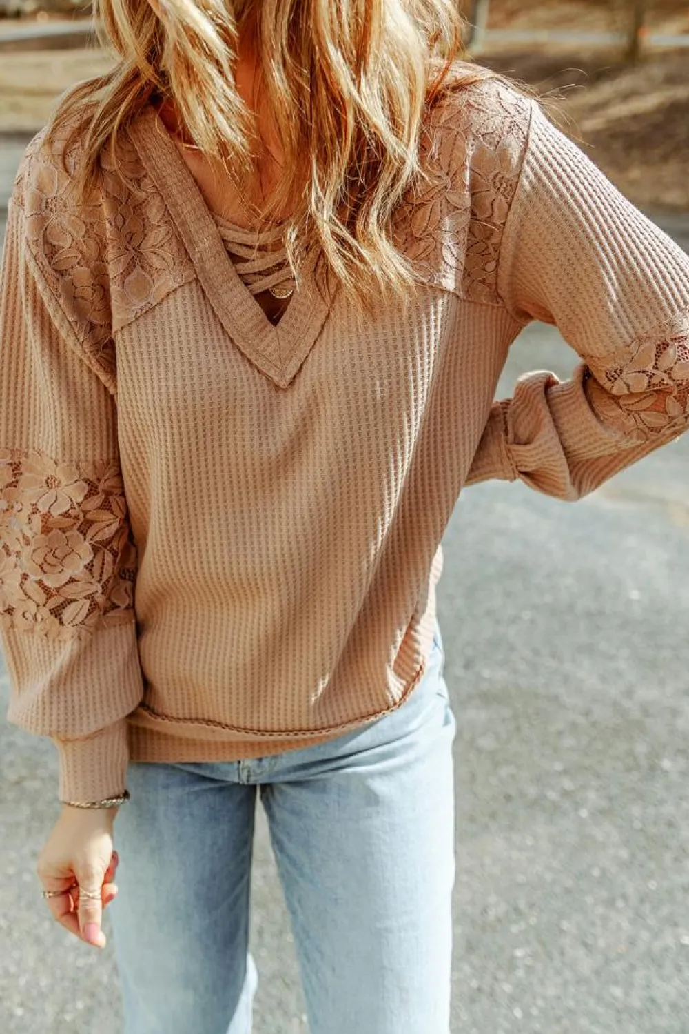 Outlet Dear-Lover Lace Waffle Patchwork Strappy V Neck Long Sleeve Top Apricot
