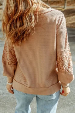 Outlet Dear-Lover Lace Waffle Patchwork Strappy V Neck Long Sleeve Top Apricot