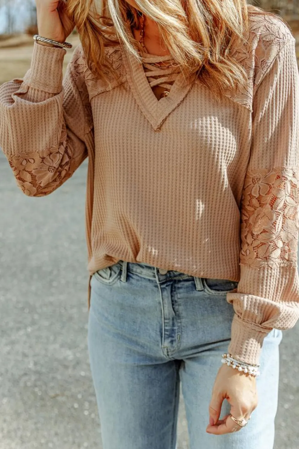 Outlet Dear-Lover Lace Waffle Patchwork Strappy V Neck Long Sleeve Top Apricot
