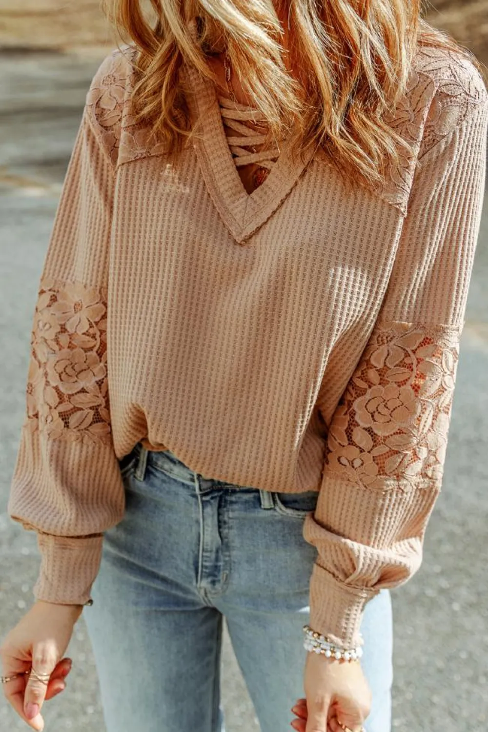 Outlet Dear-Lover Lace Waffle Patchwork Strappy V Neck Long Sleeve Top Apricot