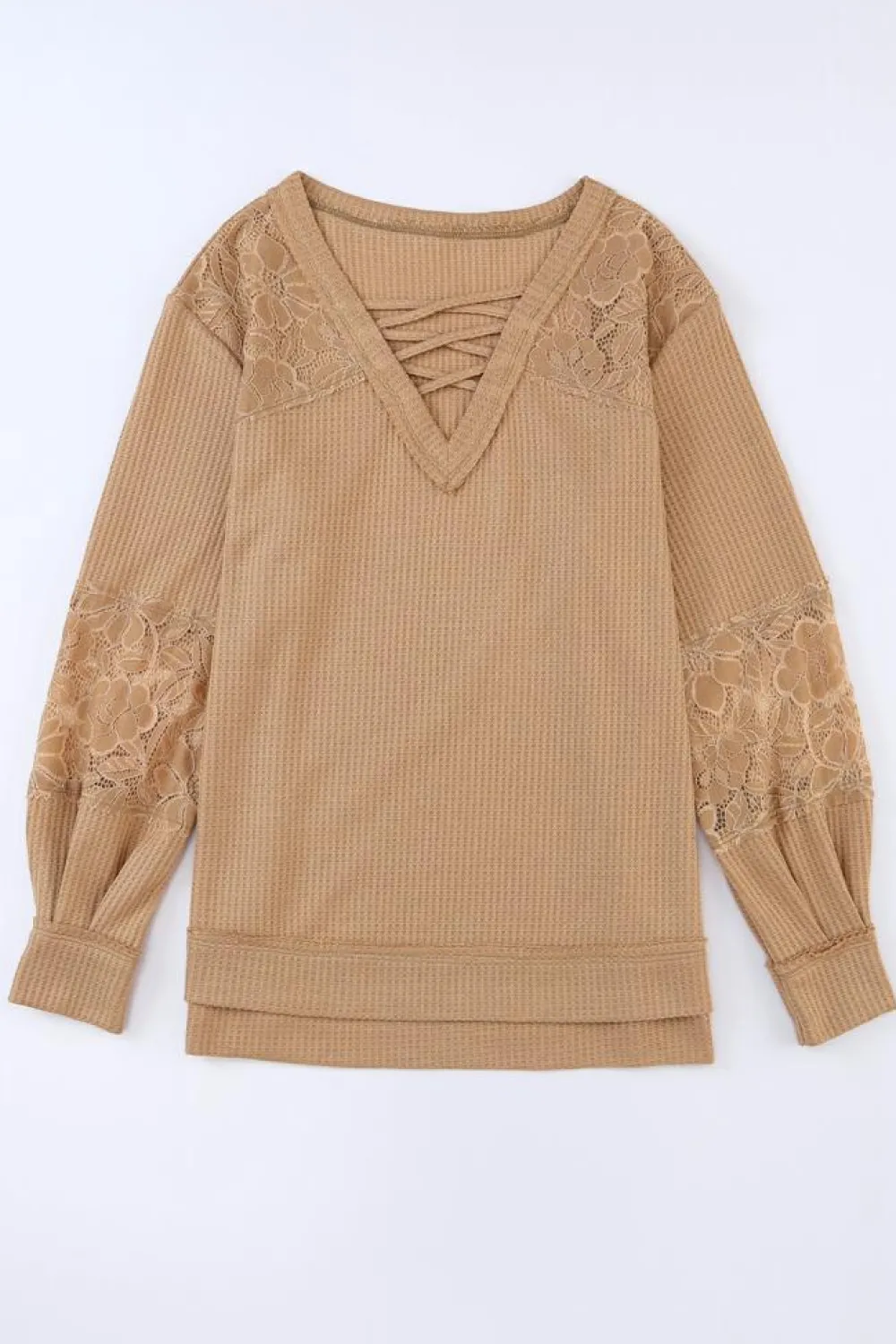 Outlet Dear-Lover Lace Waffle Patchwork Strappy V Neck Long Sleeve Top Apricot