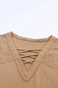 Outlet Dear-Lover Lace Waffle Patchwork Strappy V Neck Long Sleeve Top Apricot